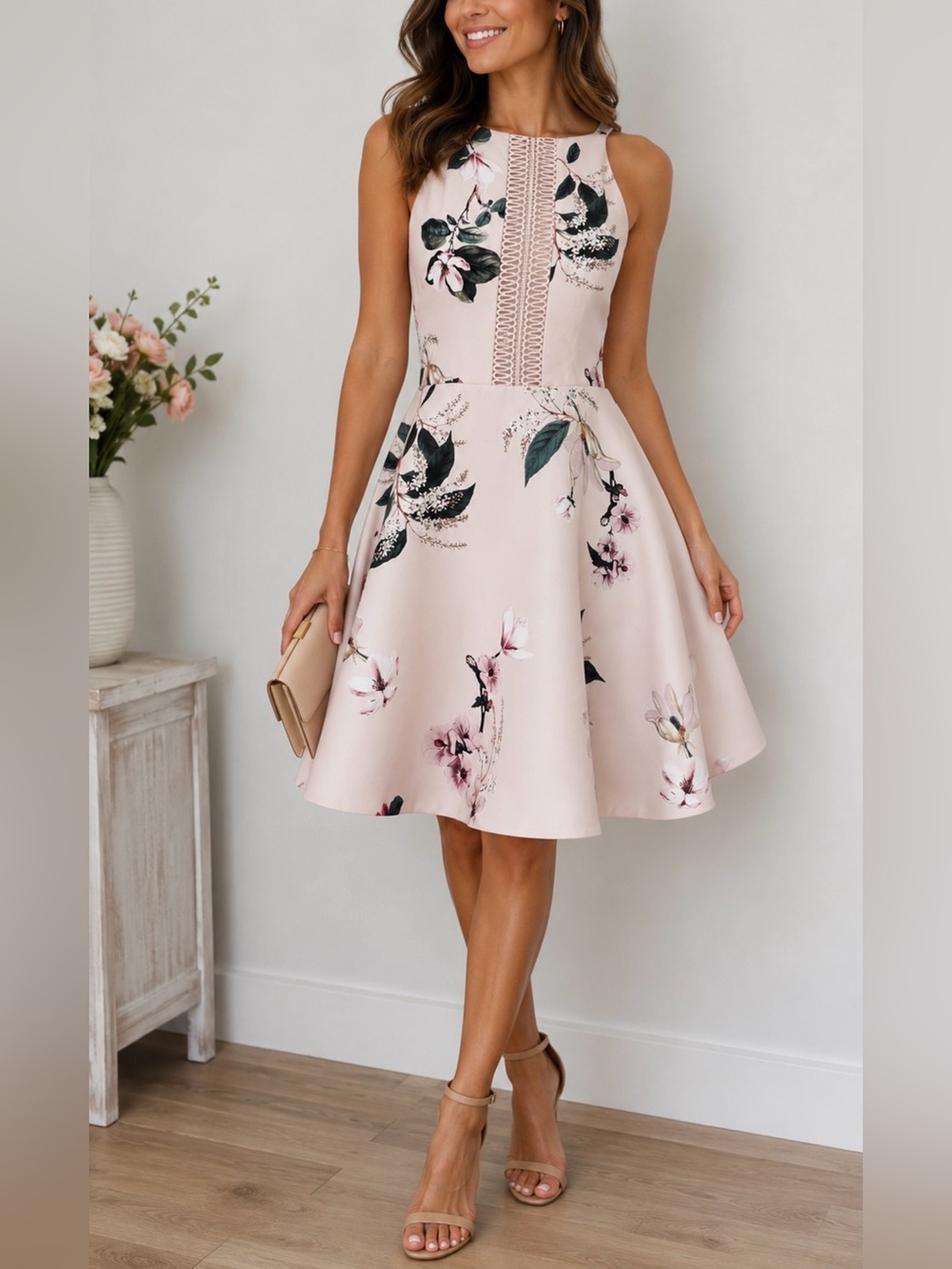Keepsake The Label Blush pink Floral Fit & Flare Dress M Wedding Guest Bridesmai